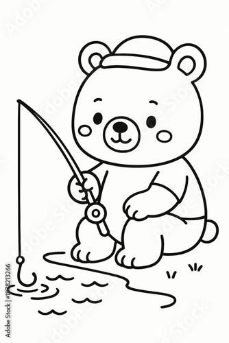Cute teddy bear cartoon sitting and fishing happily 