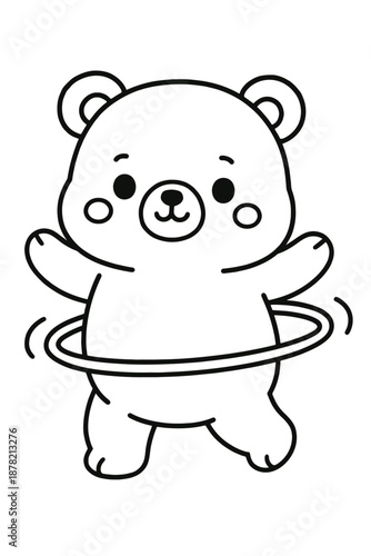 coloring book page with cute cartoon teddy bear playing hula hoop