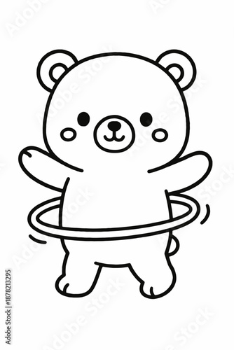 Cute cartoon teddy bear playing hula hoop coloring page for kids