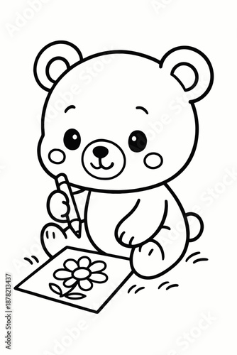 Cute cartoon teddy bear sitting and drawing illustration for a childhood toy icon