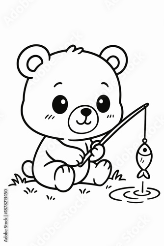 Cute teddy bear sitting and fishing with smiling faxe
