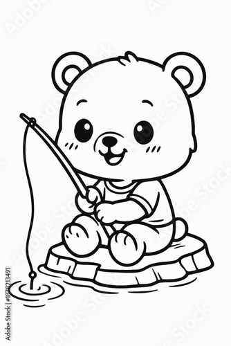 Cute polar bear cub sitting and fishing illustration
