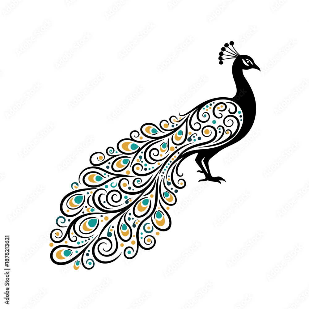 Fototapeta premium Decorative peacock with intricate tail feathers pattern. Suitable for textiles, wallpaper, or design projects with exotic bird motifs.