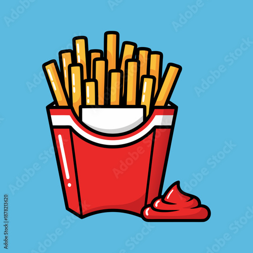 Crispy golden french fries in a red container with ketchup. Perfect for food blogs, restaurant menus, junk food concepts.