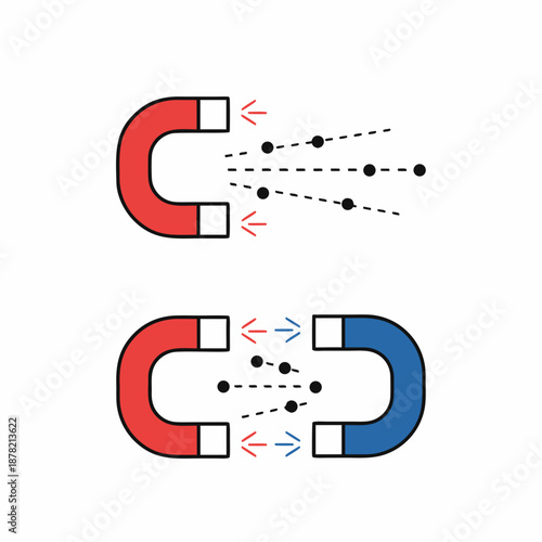 Magnets demonstrating opposites attract principle with particles arranged to show magnetic attraction. Suitable for science, education, physics, magnetism concepts.