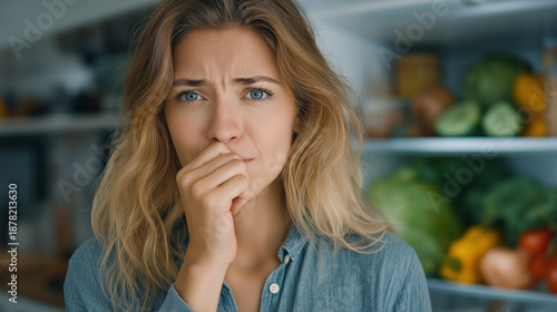 A concerned woman bites her nails, standing in front of a well-stocked fridge, reflecting anxiety or worry about something important.