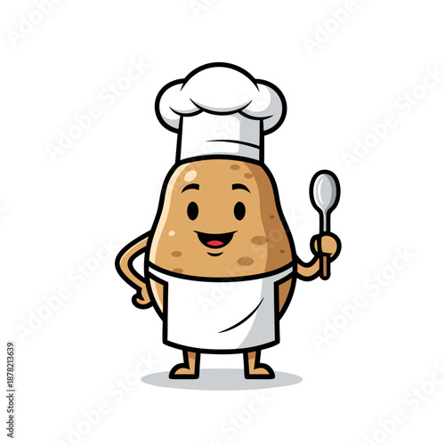 Potato chef in white apron holds spoon. Ideal for culinary blogs, restaurant menus, kitchen product advertisements, and foodthemed designs.