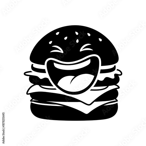 Smiling hamburger cartoon in black and white for menus, food blogs, childrens books, stickers, merchandise, and social media posts.
