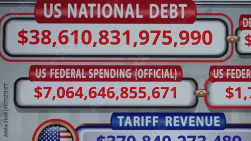 Running Total Display Showing Current United States Gross National Debt. USA National Debt Counter, Increasing Number of Unprecedented State Debt of United States of America, Close-up Footage.