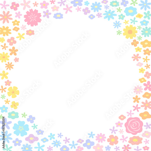 カラフルな虹色の花に囲まれた円のフレーム