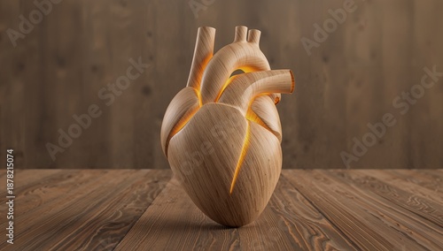 Glowing wooden heart sculpture for love and health concept