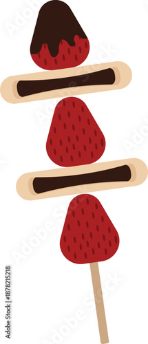A delicious dessert skewer vector featuring three red strawberries and two mini pancakes filled with chocolate. The top strawberry is dipped in dark chocolate frosting.