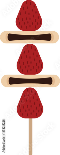 Three fresh red strawberries alternating with two mini chocolate-filled pancakes on a wooden skewer. It is perfect for breakfast menus, food blog graphics, or dessert café branding