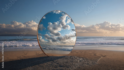 A large convex mirror reflecting a serene beach scene with clouds and blue sky.