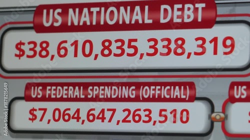 Running Total Display Showing Current United States Gross National Debt. USA National Debt Counter, Increasing Number of Unprecedented State Debt of United States of America, Close-up Footage.