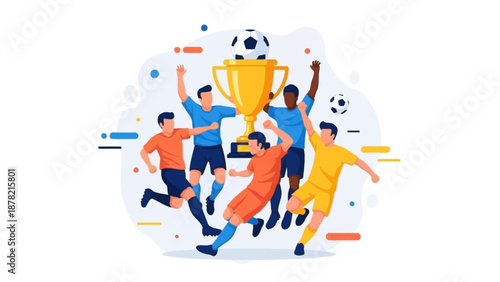 Crowd of soccer fans celebrating victory with trophy cup and ball. Vector illustration