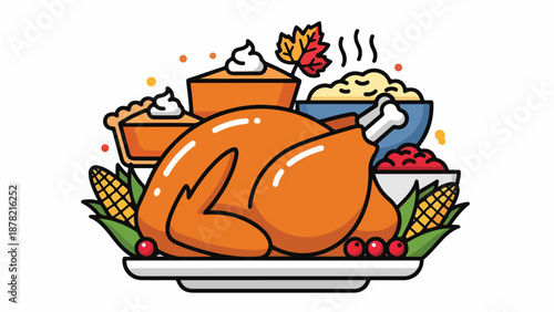 A colorful Thanksgiving dinner with turkey and sides