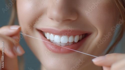 woman flossing teeth closeup
