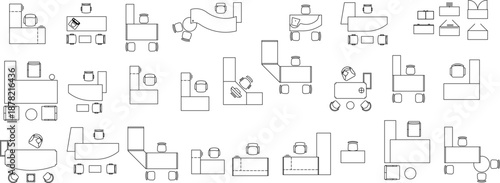 A comprehensive collection of technical vector symbols for modern office desks and workstations in top view, featuring various L-shaped, curved, and rectangular layouts with office chairs.