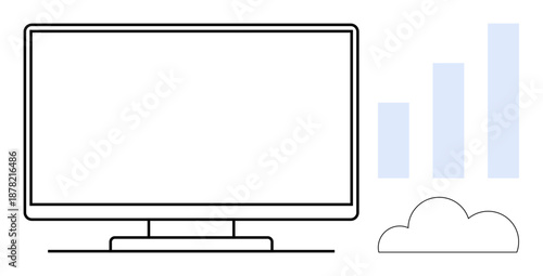 Cloud computing concept. Cloud computing technology with computer screen, data analytics, and performance visualization. Cloud computing for IT, business, data analysis, networking, and digital tools