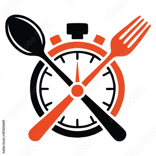 Vector logo template eat time featuring clock spoon and fork symbol ideal for healthy cooking restaurant home kitchen branding or food related creative identity design