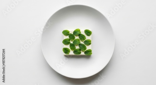 Architectural Plating of Mint Leaves in a Grid-Like Line on a Modern White Dish.
