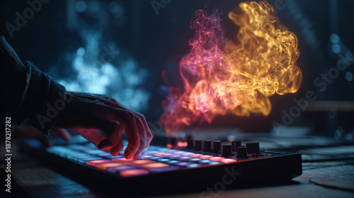 Person performing music production with colorful light effects and visual flames.