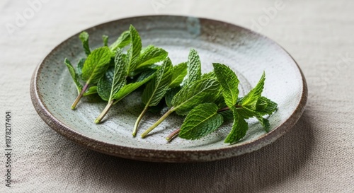 Artisanal Mint Sprigs in Line on a Hand-Glazed Pottery Plate with a Woven Fabric.