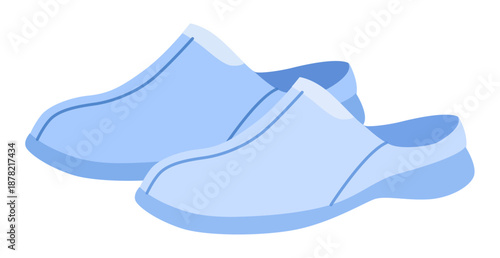 Blue clog sandal shoe women flat pair. Closed toe rubber sandal for garden walk hotel spa. Technical fashion illustration CAD mockup soft vector man unisex isolated contemporary style.