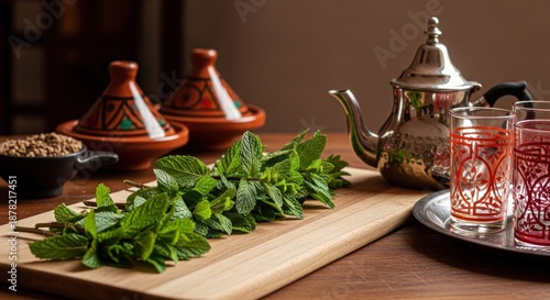 Authentic Moroccan Mint Tea Ceremony with Freshly Plucked Leaves in Line.