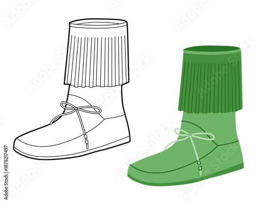 Green lace-up fringed ankle boot women flat plus line set. Fringe trim with side lacing for night lifestyle look. Technical fashion illustration CAD mockup mixed vector men unisex isolated chic style