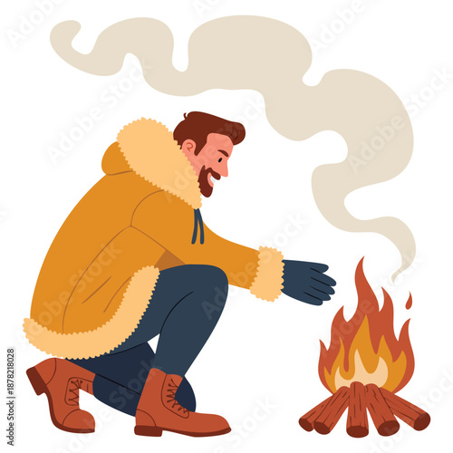 Winter outdoor leisure vector illustration of warmly dressed man warming hands by fire suitable for ice fishing camping adventure and cold weather themed designs