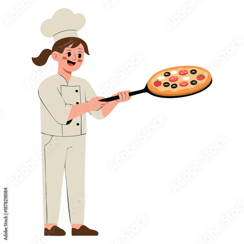 Woman baker character in uniform holding pizza shovel vector illustration suitable for bakery food cooking and culinary themed posters or creative artwork
