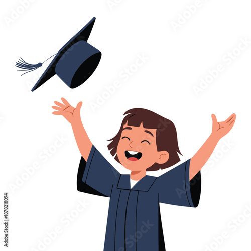 Woman graduate celebrating success throwing academic cap vector illustration perfect for joyful graduation, education, and academic achievement themed designs