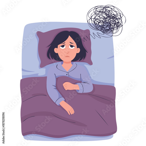 Woman in bed vector illustration unable to sleep showing mental disorder depression and insomnia ideal for health awareness and educational designs