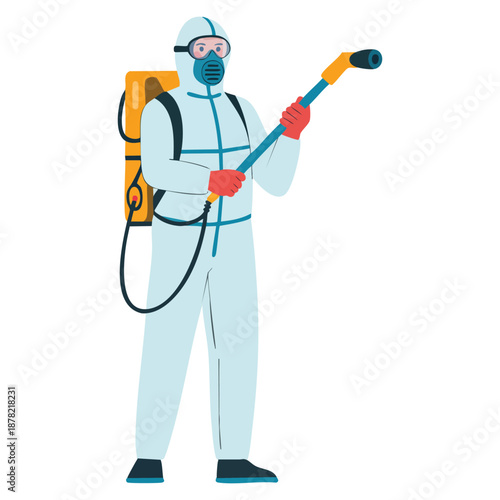 Worker in antiviral suit spraying disinfectant vector illustration suitable for coronavirus prevention, public health, hygiene, and safety themed creative artwork