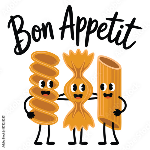 World pasta day abstract poster with macaroni noodles flat character Italian food shapes and sizes ideal for kitchen decoration and bon appetite themed artwork