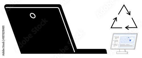 Digital sustainability, eco-friendly technology, recycling, data management, environmental conservation, e-waste reduction. A laptop, recycling symbol and computer screen with data. Digital