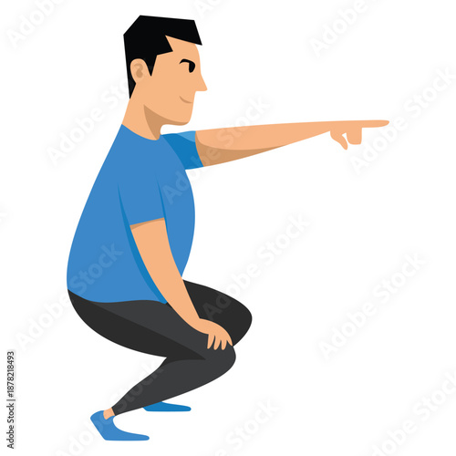 Young fat man doing squats obesity man wearing sports uniform fitness exercise vector illustration perfect for weight loss program health and gym themes