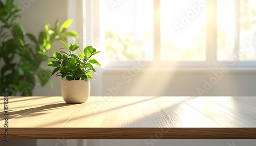 窓から光が差し込むデスクと観葉植物の背景