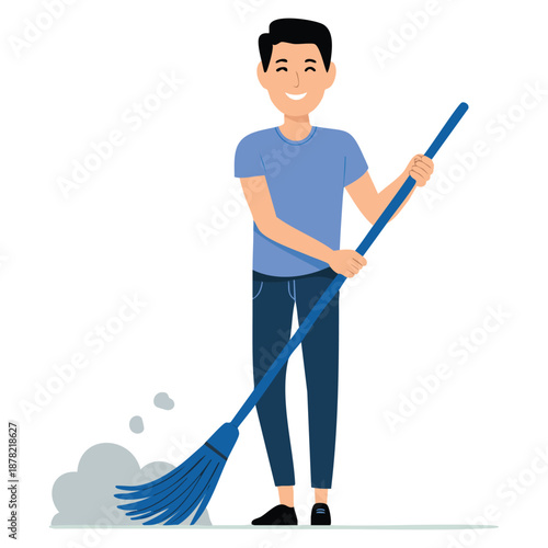 Young smiling man sweeping the floor vector illustration isolated perfect for house husband, working at home, domestic chores, cleaning or lifestyle themes