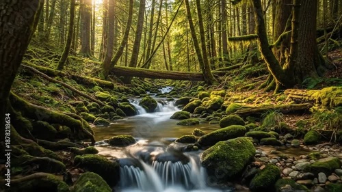 Lush forest stream flowing over mossy rocks, dappled sunlight filtering through trees