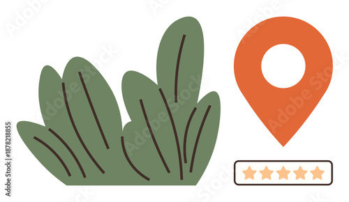 Navigation, customer ratings, eco-business, sustainability, local search, tourism reviews. Orange pin with foliage and five-star rating. Navigation and customer ratings concept