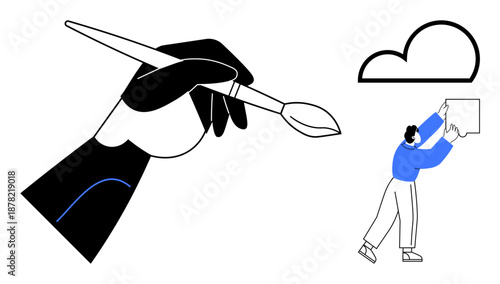 Collaboration concept. Collaboration through cloud storage and creativity is highlighted with a hand holding a brush and a figure managing digital cloud designs. For teamwork, creativity, remote