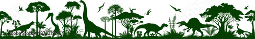 Vector seamless silhouette panorama with Brachiosaurus, quetzalcoatlus, carnotaurus, iguanodon, spinosaurus, gallimimus and pterosaurus in jungle