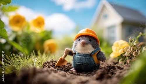 A small toy mole wearing a hard hat and overalls digs in a garden surrounded by flowers.