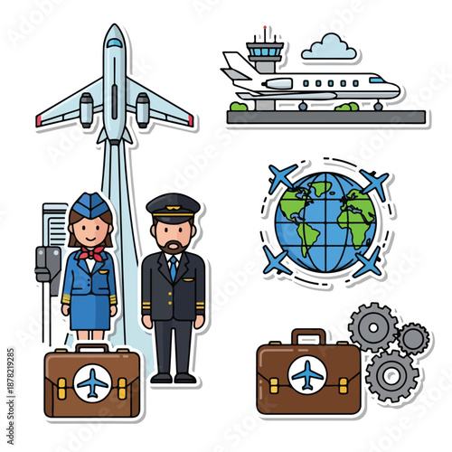 Airline Staff and Travel Icons Illustration.