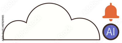 Cloud computing, artificial intelligence, data storage, technology alerts, automation. Cloud outline with AI label and notification bell. Cloud computing and artificial intelligence concept