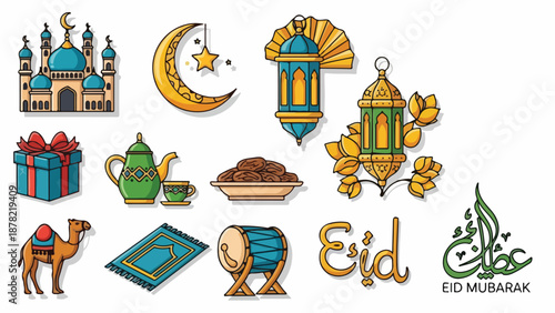 A colorful arrangement of 11 Eid-themed illustrations