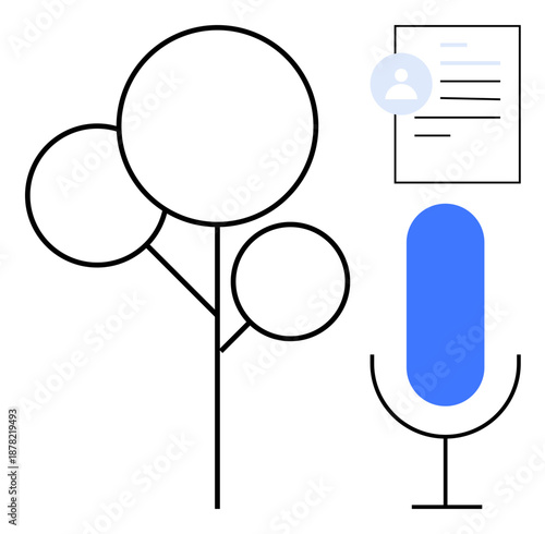 Communication, digital identity, voice recognition, technology trends, online services, content creation. Abstract symbols including a tree, a microphone and a document icon. Communication